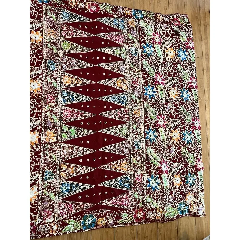 Traditional India Style Floral Fern Cotton Textile Tablecloth Batik Art 72 x 41”